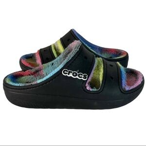 CROCS Kids Black Slides with Rainbow Fuzzy Lining